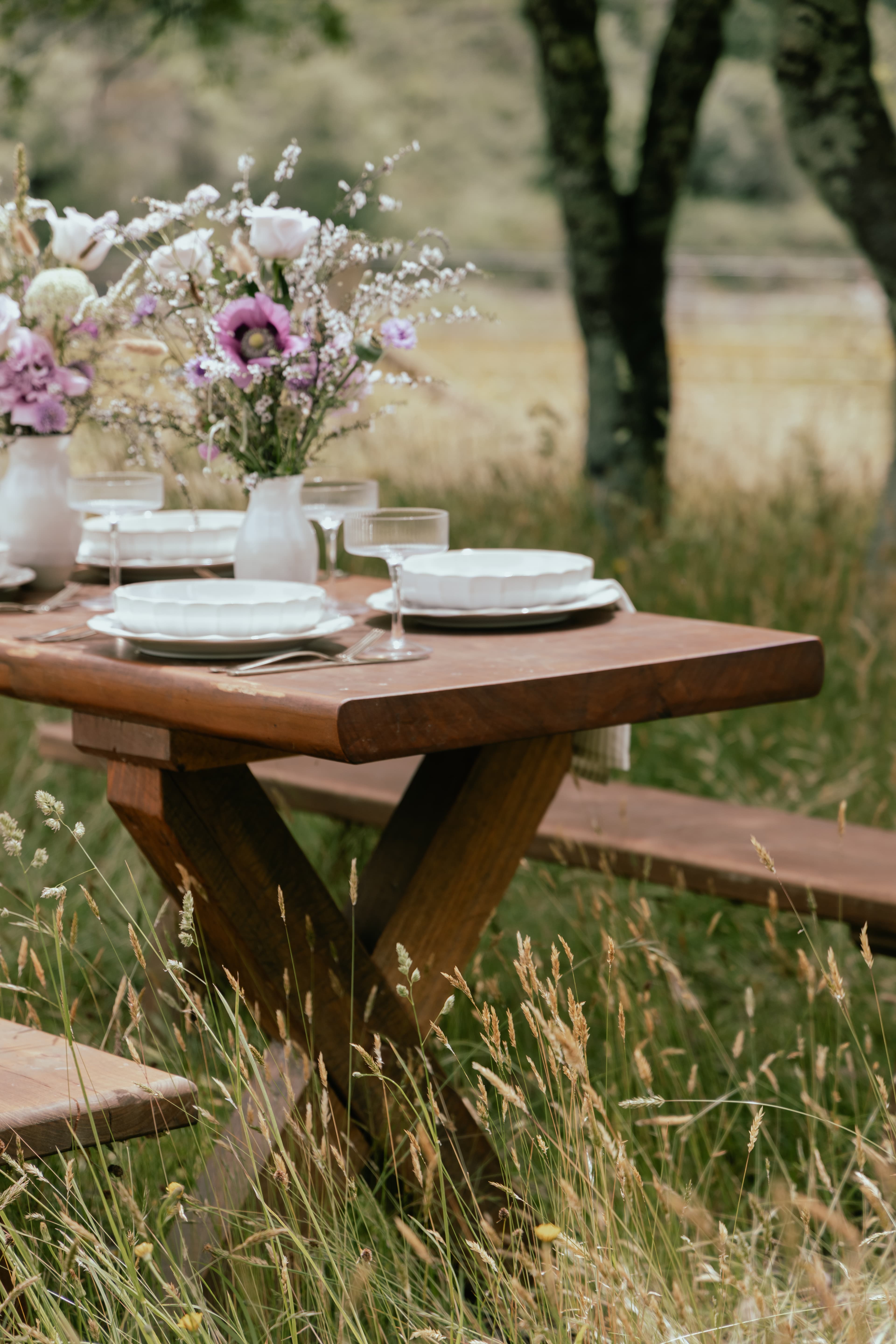Outdoor table set for a picnic on the farm