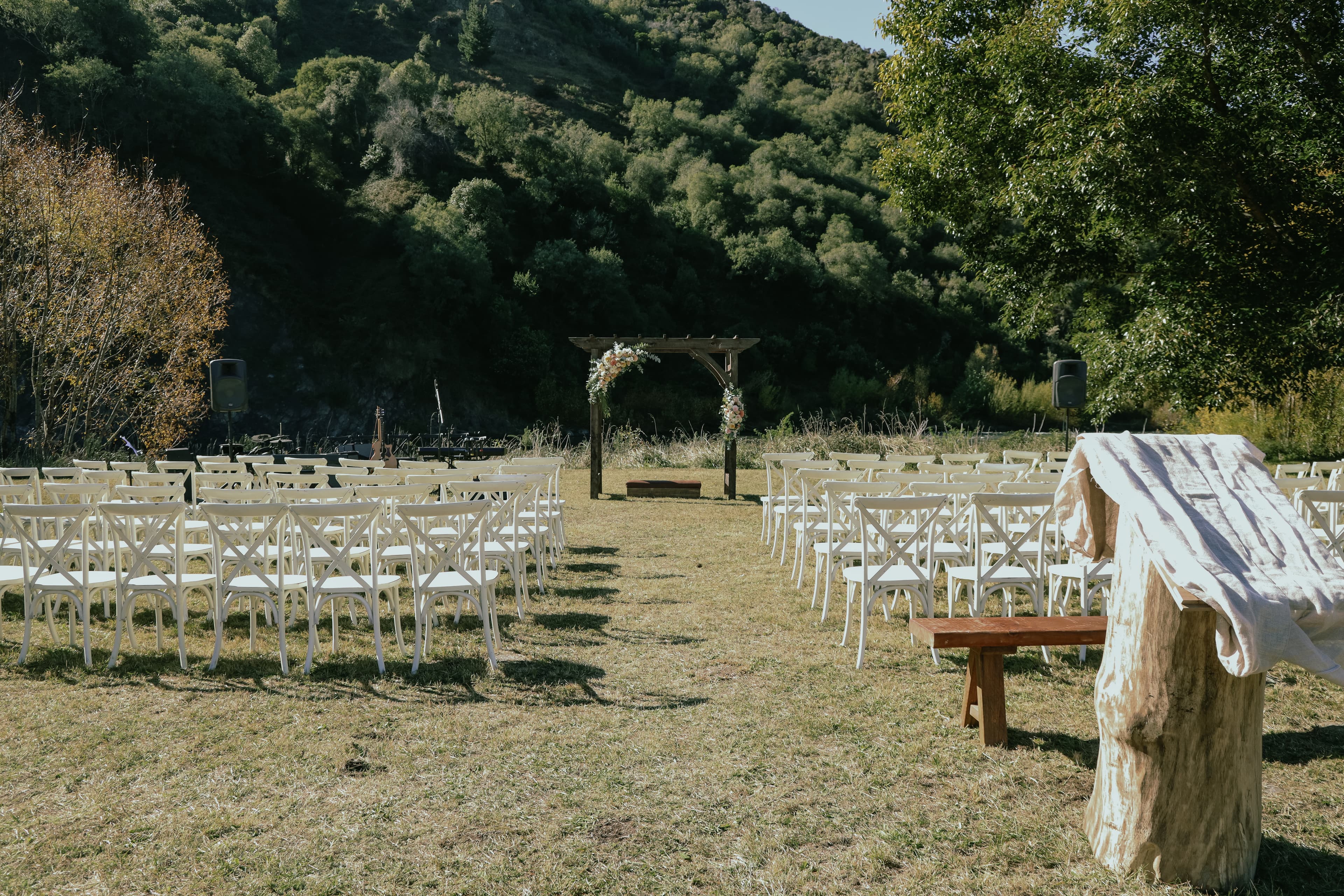 Idyllic farm wedding venue in Hawke’s Bay with rustic charm beside a flowing river.