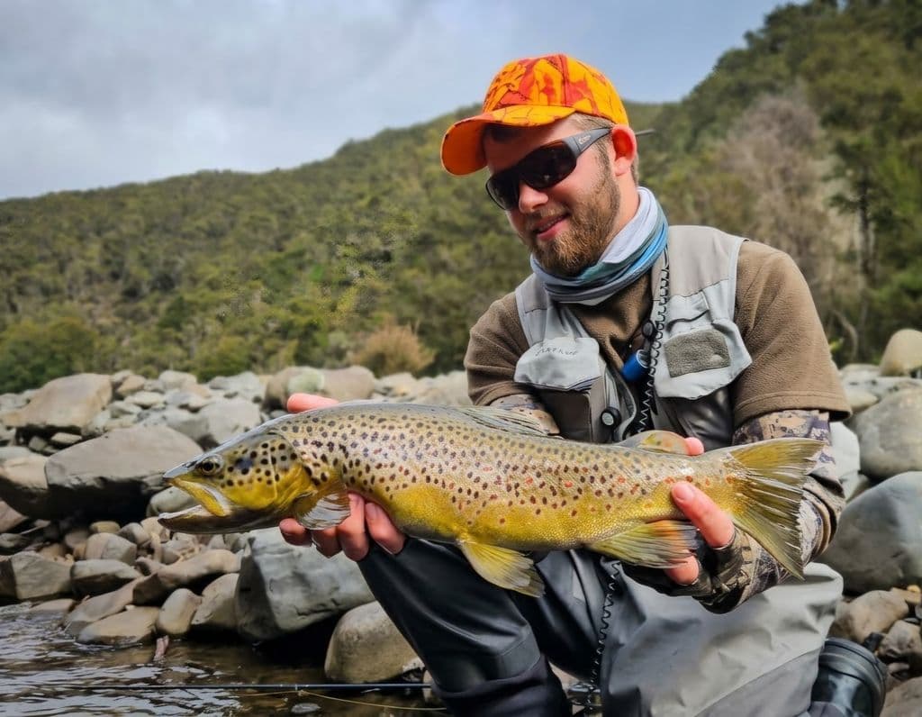 Gorgeous brown trout caught and released by fishing guide Nathan MacFarlane of Moahka River Farm near Taupo