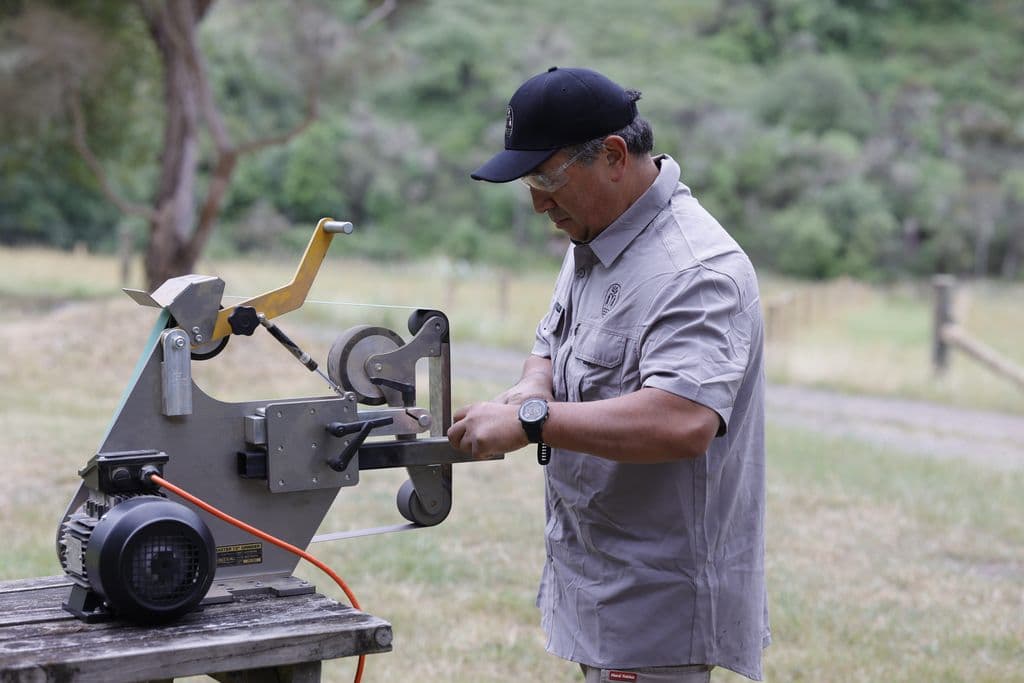 Kelvin making a knife here at Mohaka River Farm. Kelvin teaches knife making and as a skilled educator he is passionate about sharing the craft so his pupils can make their own knives at home