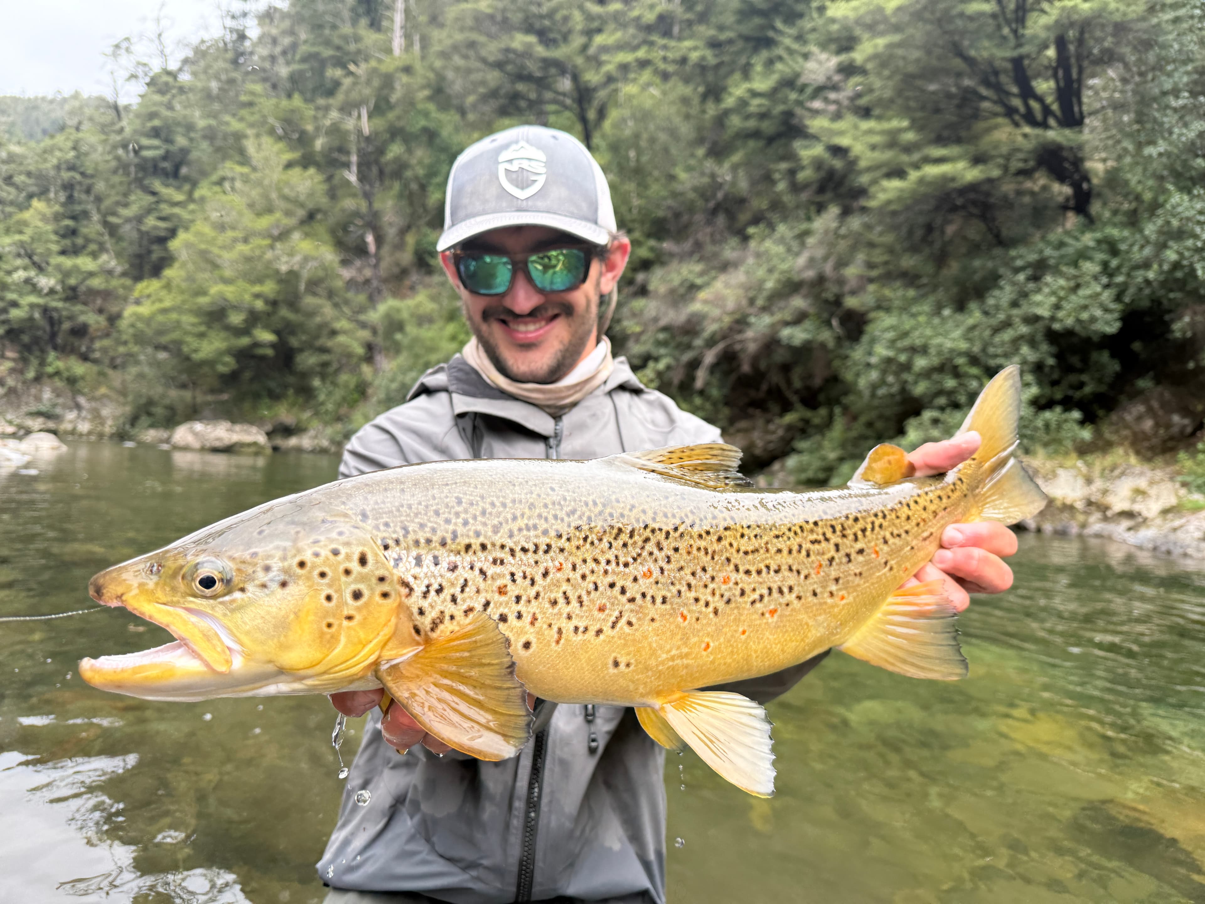 Huge brown trout caught by fishing guide Noah Shapiro on the Mohaka River, 2026